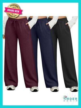 3 Pack Wide Leg Lounge Pants with Pockets Drawstring Elastic Waist